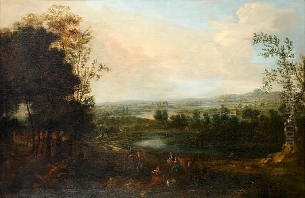 Travellers In An Extensive Landscape Oil Painting by F. Fouquier