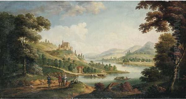 A River Landscape With Figures On A Path And A Village Beyond Oil Painting by F. Fouquier