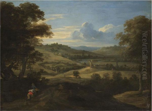 An Extensive Landscape With Travellers In The Foreground Oil Painting by Jacques Fouquieres