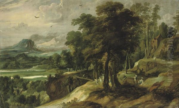 An Extensive River Landscape With The Angel Appearing To Balaam'sass Oil Painting by Jacques Fouquieres