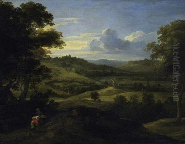 Vast Hilly Landscape With Mill. With Monogram Lower Center: F.q.j Oil Painting by Jacques Fouquieres