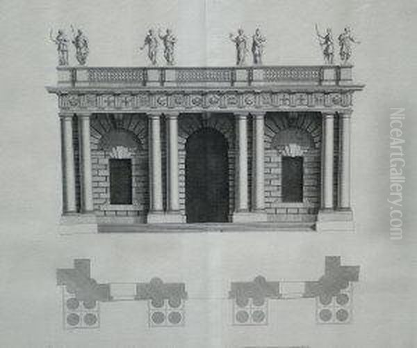 Classical Architectural Study After Inigo Jones, After H. Flitcroft; Engraving, 37.5x37.5cm: Together With Two Other Engravings Of Similar Architectural Studies, One By The Same Hand And The Other By James Cole Oil Painting by Pierre Fourdrinier