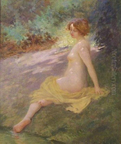 Testing The Water Oil Painting by Albert-Auguste Fourie