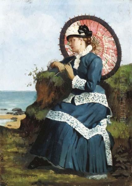 An Elegant Lady By The Shore With A Pink Parosol Oil Painting by Albert-Auguste Fourie