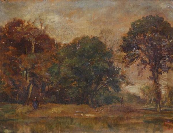 Wooded Landscape With Strolling Figures Oil Painting by Theodore Fourmois