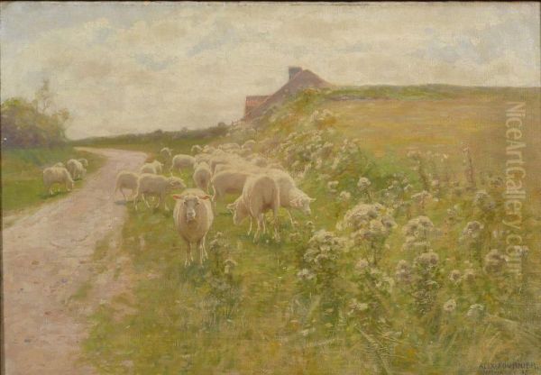 Grazing Sheep Oil Painting by Alexis Jean Fournier