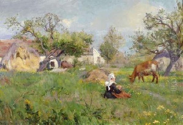 Bretonne Et Vache Dans Un Paysage Oil Painting by Alfred Victor Fournier