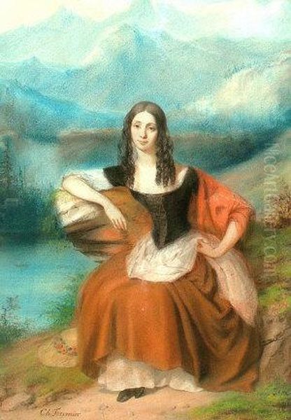 Portrait Of A Lady Seatedfull-length In An Alpine Mountain Landscape Oil Painting by Charles Fournier