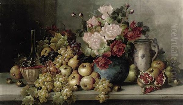 Pomegranates, Pears, Apples, Grapes, Figs, A Bottle, Jug, And A Vase Of Roses On A Stone Ledge Oil Painting by Charles Fournier