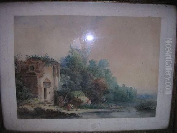 Paysage Anime D'une Femme Ramassant Du Bois Pres De Son Habitation Oil Painting by Charles Fournier Des Ormes