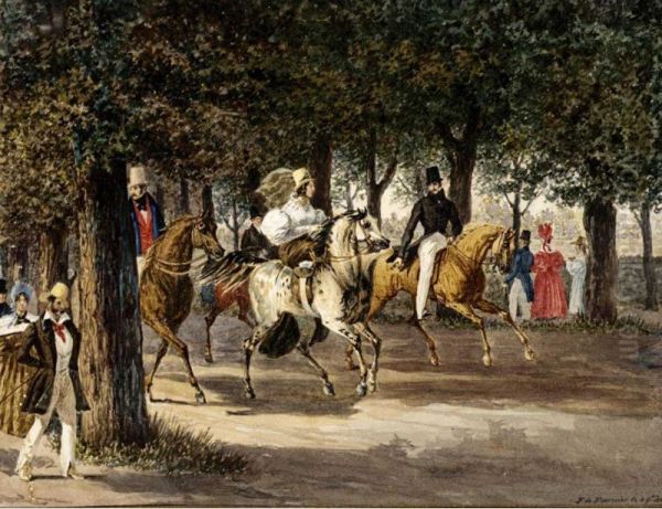 Figures Riding Through A Woodland In Cascine, Florence Oil Painting by Jean Baptiste Fort. Fournier