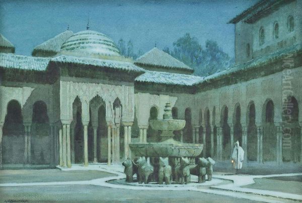 The Court Of The Lions, The Alhambra, Granada Oil Painting by Albert Moulton Foweraker