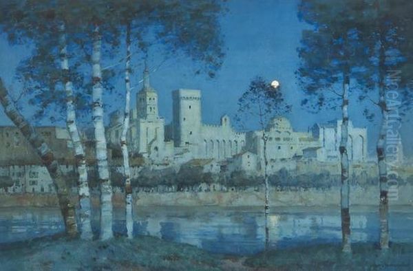 The Papal Palace, Avignon, By Moonlight Oil Painting by Albert Moulton Foweraker