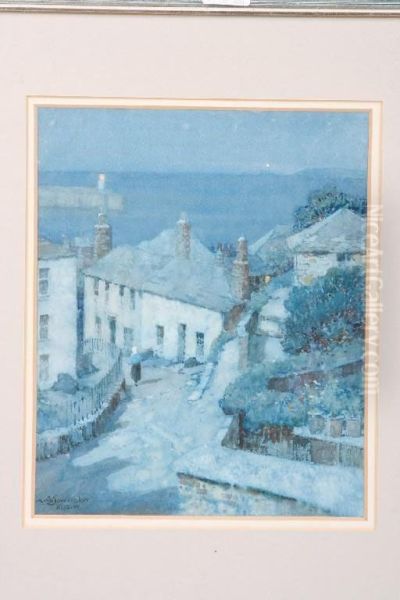 A View Down A Cornish Hill Towards A Street At Dusk Oil Painting by Albert Moulton Foweraker