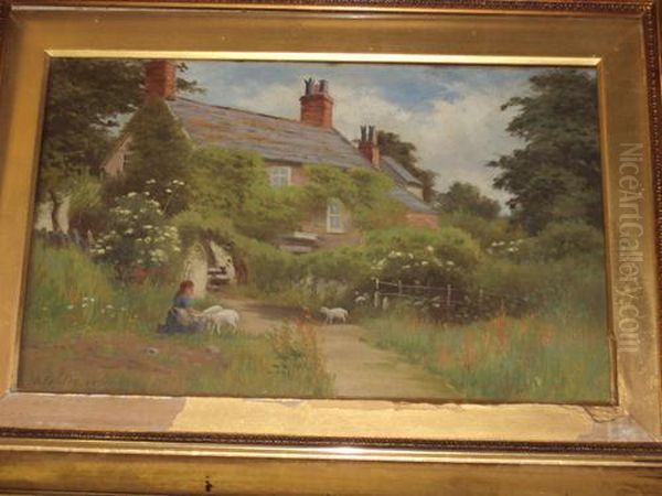 Young Girl With Lambs Before A Cottage Oil Painting by Benjamin Fowler