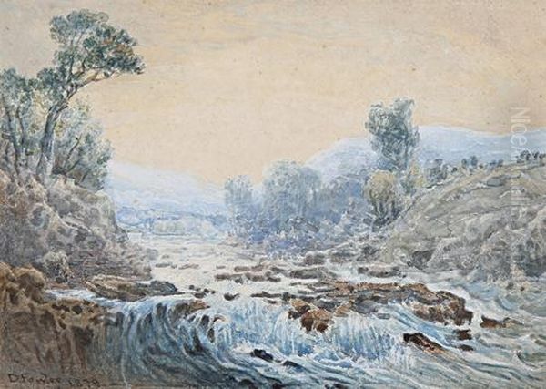 A Mountain Village; Rapids, A Pair Oil Painting by Daniel Fowler