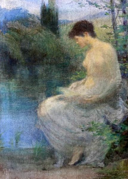 Classical Nymph Seated By A Pool Oil Painting by Robert Fowler