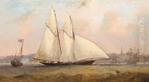 A Two-masted Racing Schooner At The Starting Gun Off Ryde Oil Painting by Arthur Wellington Fowles