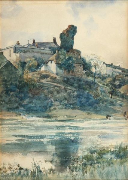 Figures By The River With Cottages And Church Oil Painting by Charles James Fox