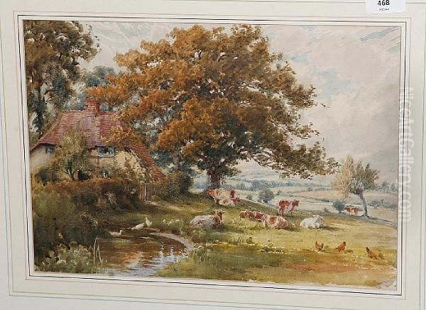 Cattle By A Cottage And Pond Oil Painting by Charles James Fox