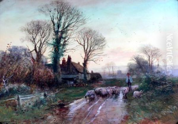 Evening Afterrain, Bringing In The Sheep, Kempton, Bedfordshire Oil Painting by Edward Fox