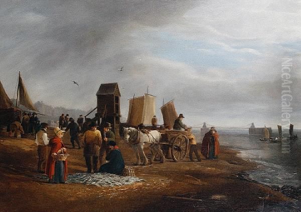 Unloading The Catch On The Beach At Brighton Oil Painting by Edward Fox