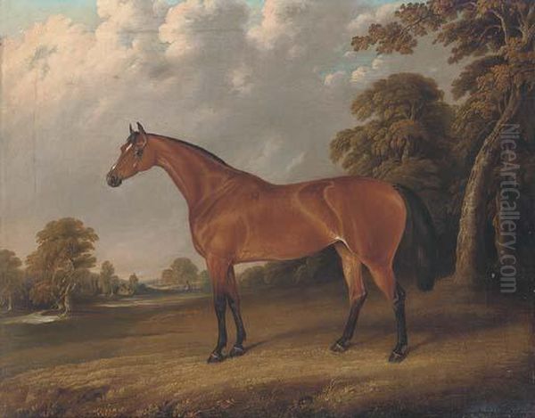 A Chestnut Hunter In A Landscape Oil Painting by Edwin M. Fox