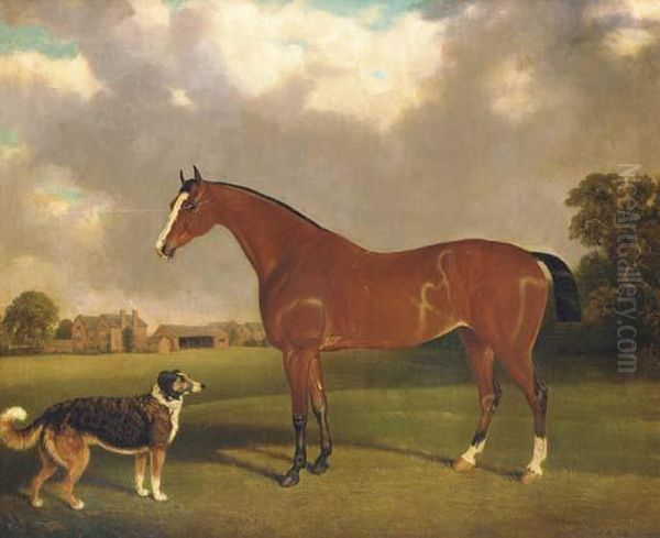 A Bay Horse And A Dog In A Landscape, A Farmyard Beyond Oil Painting by Edwin M. Fox