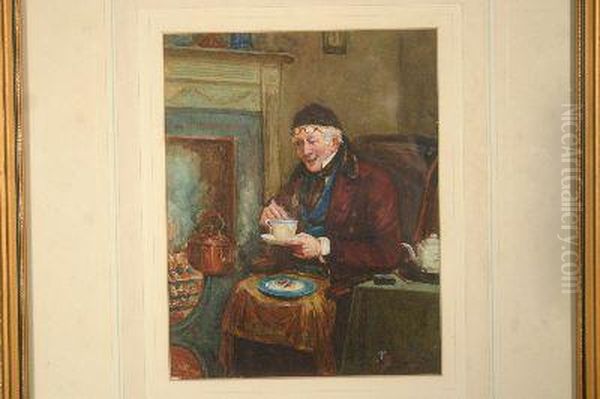 The Cup That Cheers Old Gentleman Seated Drinking Tea By A Fire Oil Painting by George Fox