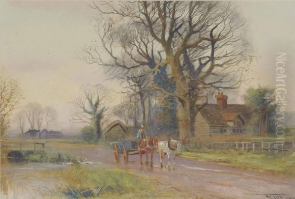 Cattle Watering; And Returning Home At Dusk Oil Painting by Henry Charles Fox