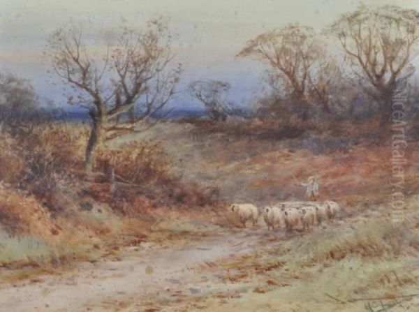 Shepherd And Sheep On A Country Lane Oil Painting by Henry Charles Fox