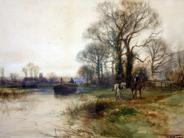 Horses By A River With A Barge Oil Painting by Henry Charles Fox