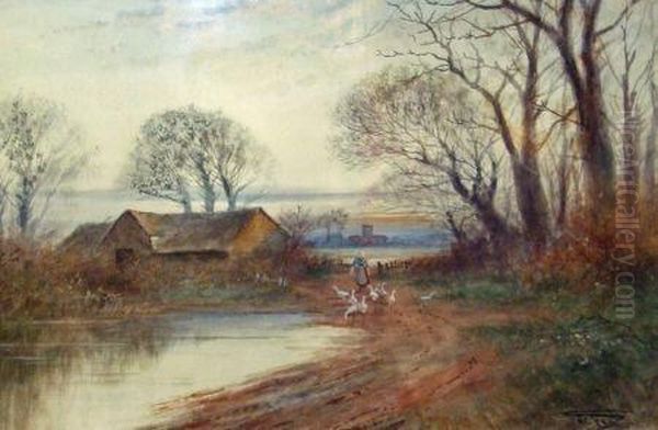 Woman And Geese In Country Landscape Oil Painting by Henry Charles Fox