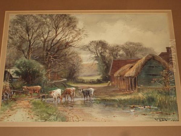 Cattle Watering At A Ford Near Farm Buildings Oil Painting by Henry Charles Fox