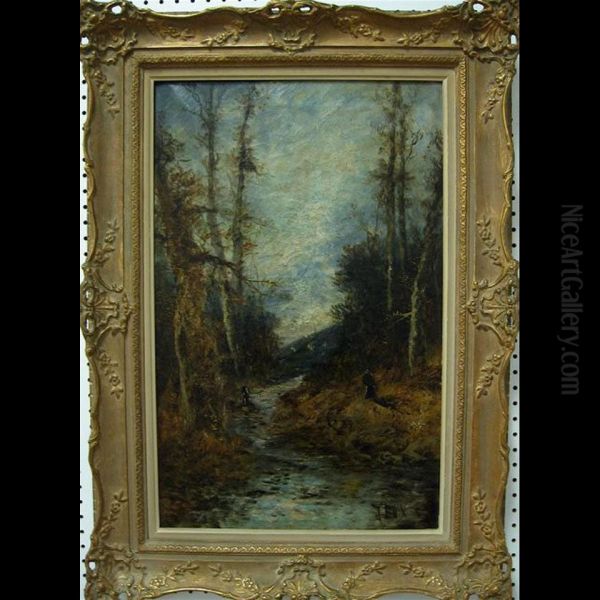 Figures On A River Bank Oil Painting by John Fox