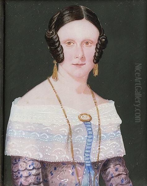 A Lady, Said To Be Of Lord Byron's Family, Wearing Pink Dress With Blue Floral Motif, White Lace Collar And Blue Ribbon, Gold Drop Earrings And Necklace Oil Painting by John Fox