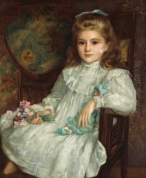 A Portrait Of A Young Girl In A White Dress Holding Her Doll And A Posy Of Sweet Peas Oil Painting by John Shirley Fox