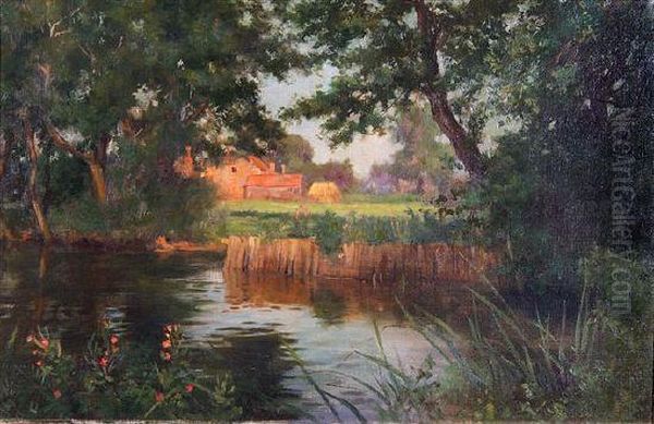 A Wooded River Landscape With Farm Buildings In The Distance Oil Painting by John Shirley Fox