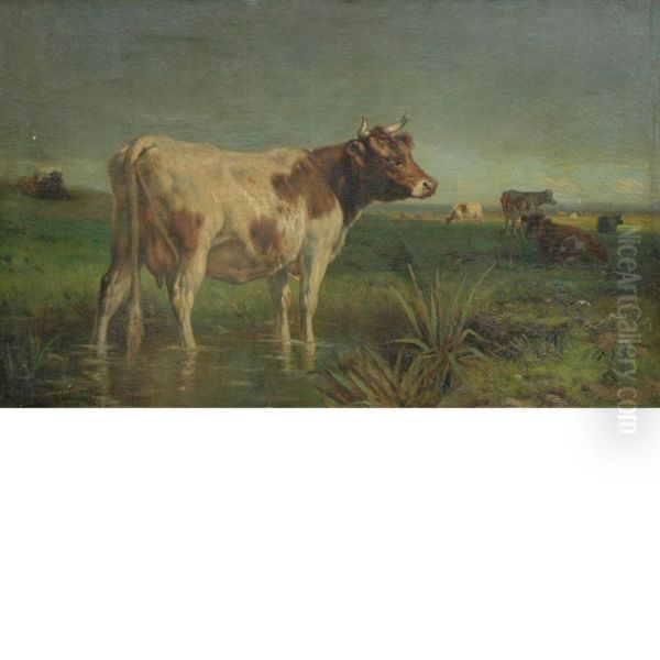 Cows In A Landscape Oil Painting by Robert Atkinson Fox