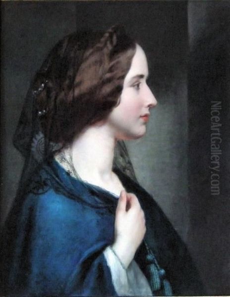 Shoulder Length Portrait Of A Young Woman Wearing A Black Veil And Blue Dress Oil Painting by Robert Atkinson Fox