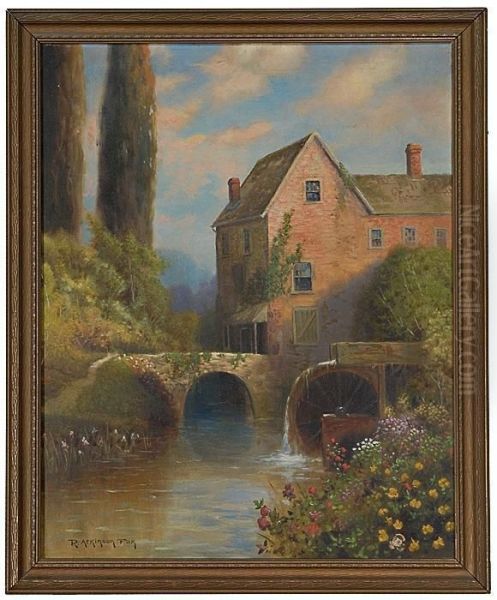 Portrayal Of An Old Grist
Mill. Oil Painting by Robert Atkinson Fox