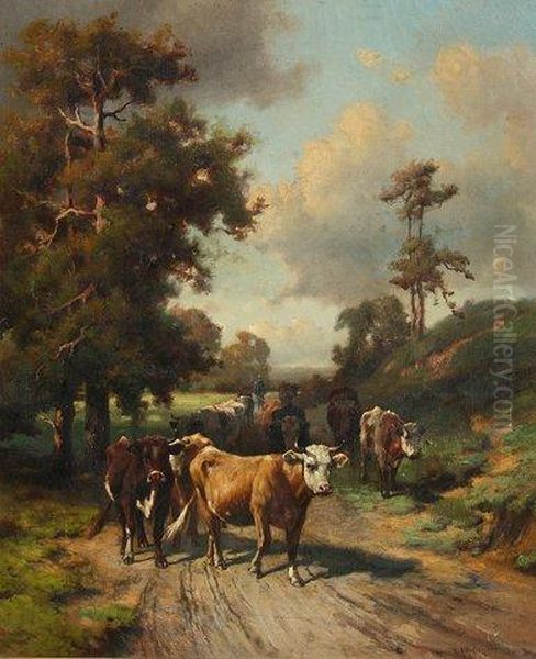 Cows On Path Oil Painting by Robert Atkinson Fox