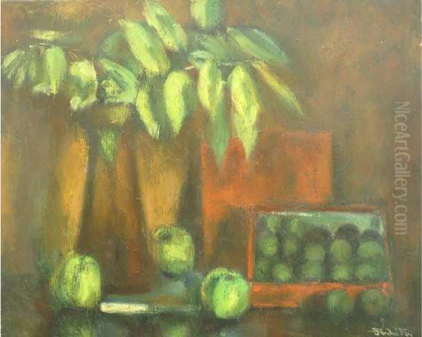 Nature Morte Au Cagot De Prunes, Auxpommes Et Plante Verte Oil Painting by Andre Foy