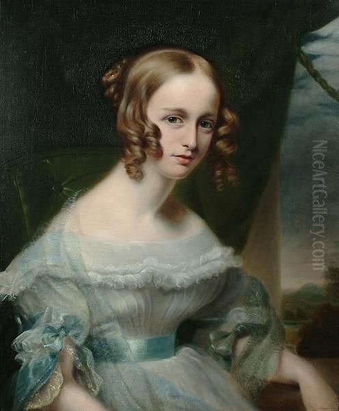 Portrait, Half Length, Of A Lady Believed To Be Miss Baldwin, Wearing A White Muslin Dress, With Pale Blue Ribbon Trim And A Pale Blue Diaphanous Wrap Oil Painting by William Foy