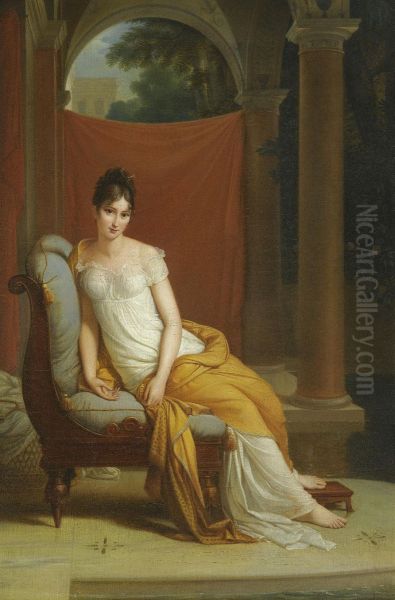 Portrait Of Madame Recamier (1777-1849), Seated In A Classical Interior Oil Painting by Alexandre Evariste Fragonard