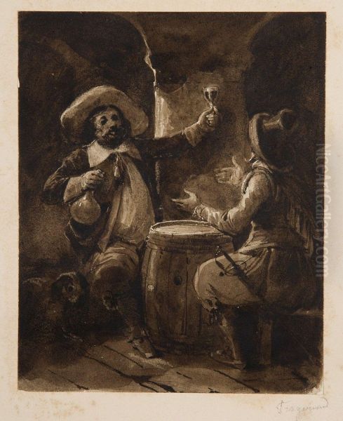 Deux Buveurs A La Taverne Oil Painting by Theophile Evariste Fragonard