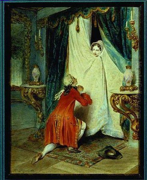 Man Kneeling Before A Woman Who Is Hiding Behind Bed Hangings Oil Painting by Theophile Evariste Fragonard