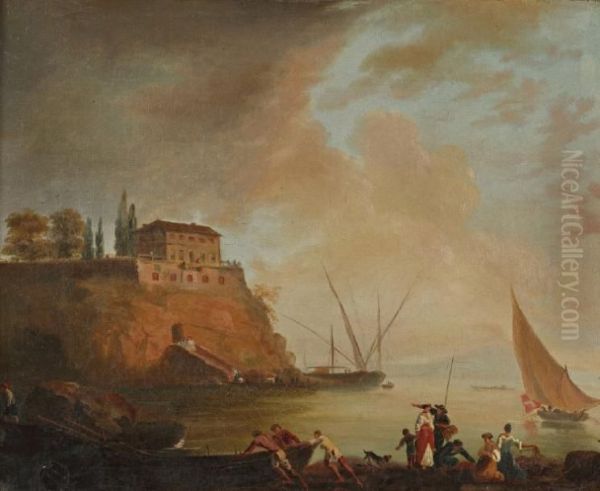 Pecheurs Poussant Leur Barque Oil Painting by Claude Joseph Fraichot