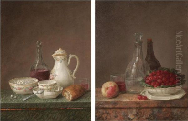 A Still Life With A Carafe Of Wine, A Teapot, A Bowl Of Sugar And A Piece Of Bread On A Marble Ledge;
A Still Life With A Bowl Of Cherries, A Peach And Carafes Of Water And Wine On A Marble Ledge Oil Painting by Claude Joseph Fraichot