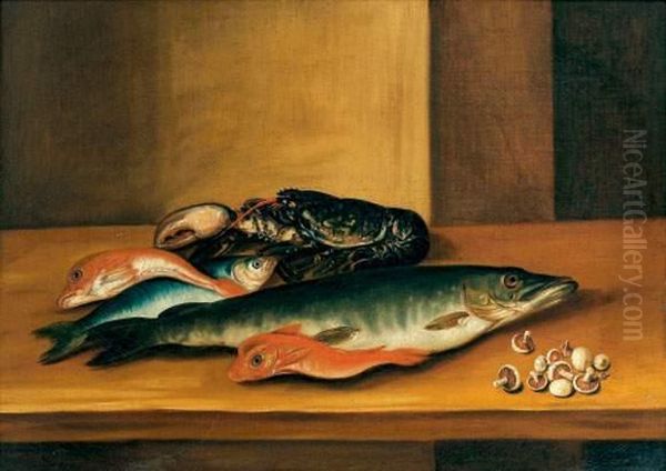 Nature Morte De Poissons, Crustaces Et Champignons Oil Painting by Claude Joseph Fraichot